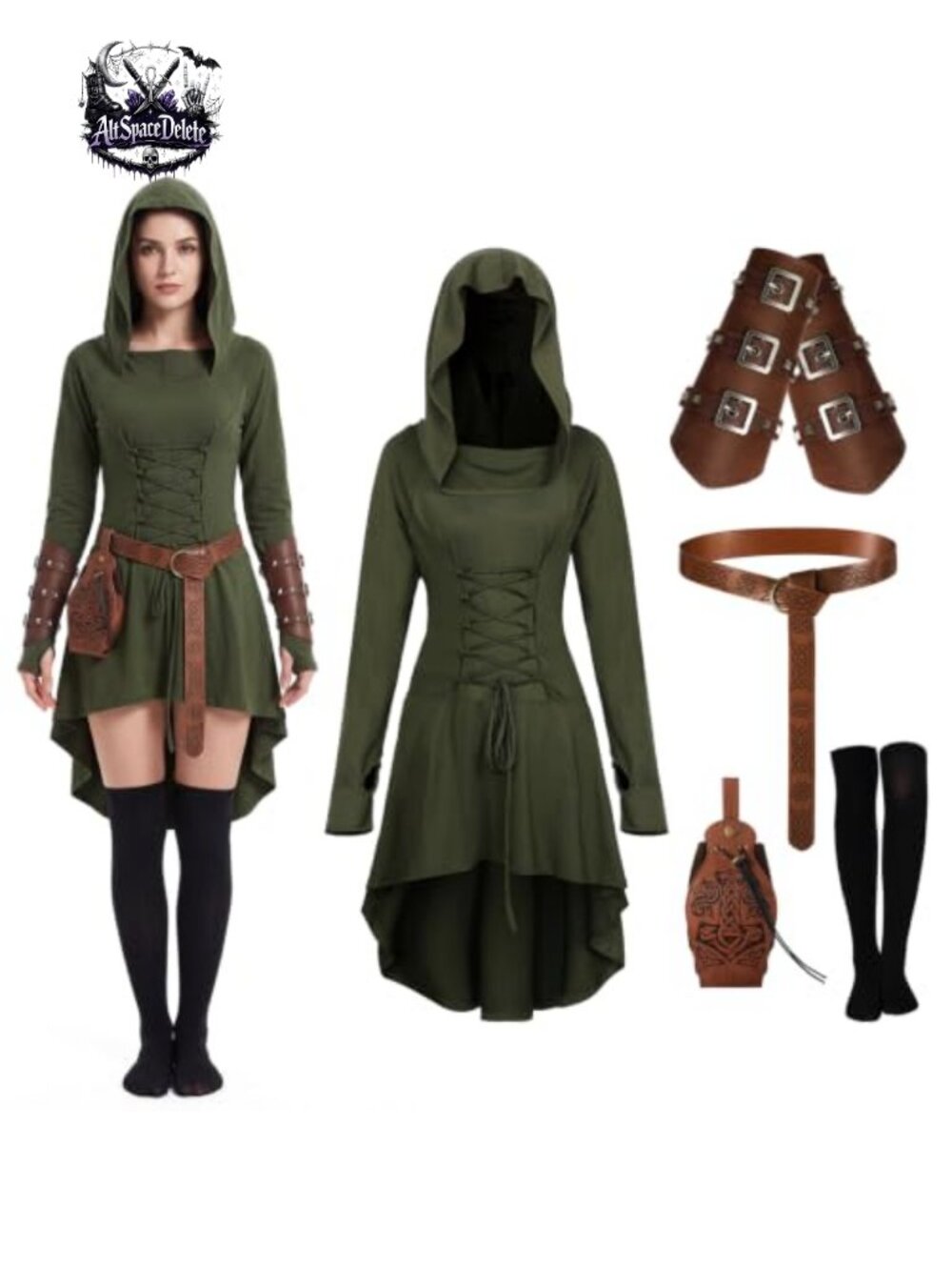 5pc Renaissance Women Costume Hooded Cloak Belt Wrist Guards Pouch Socks